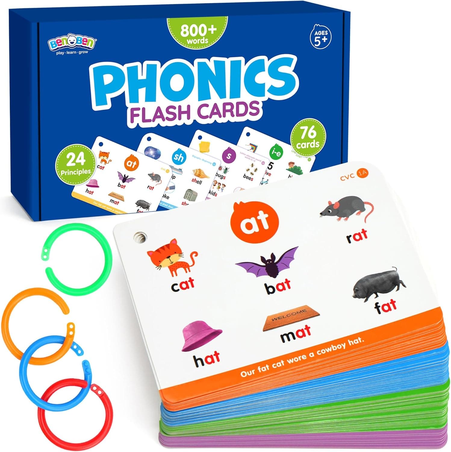 Phonics Flash Cards, 76 Cards 24 Principles, Learn to Read Phonics Games, CVC Digraphs Blends Long Vowel Sounds, Classroom Homeschool Educational Toys for Kindergarten 1st 2nd Grade Kids Ages 4-8 - image 1 of 1