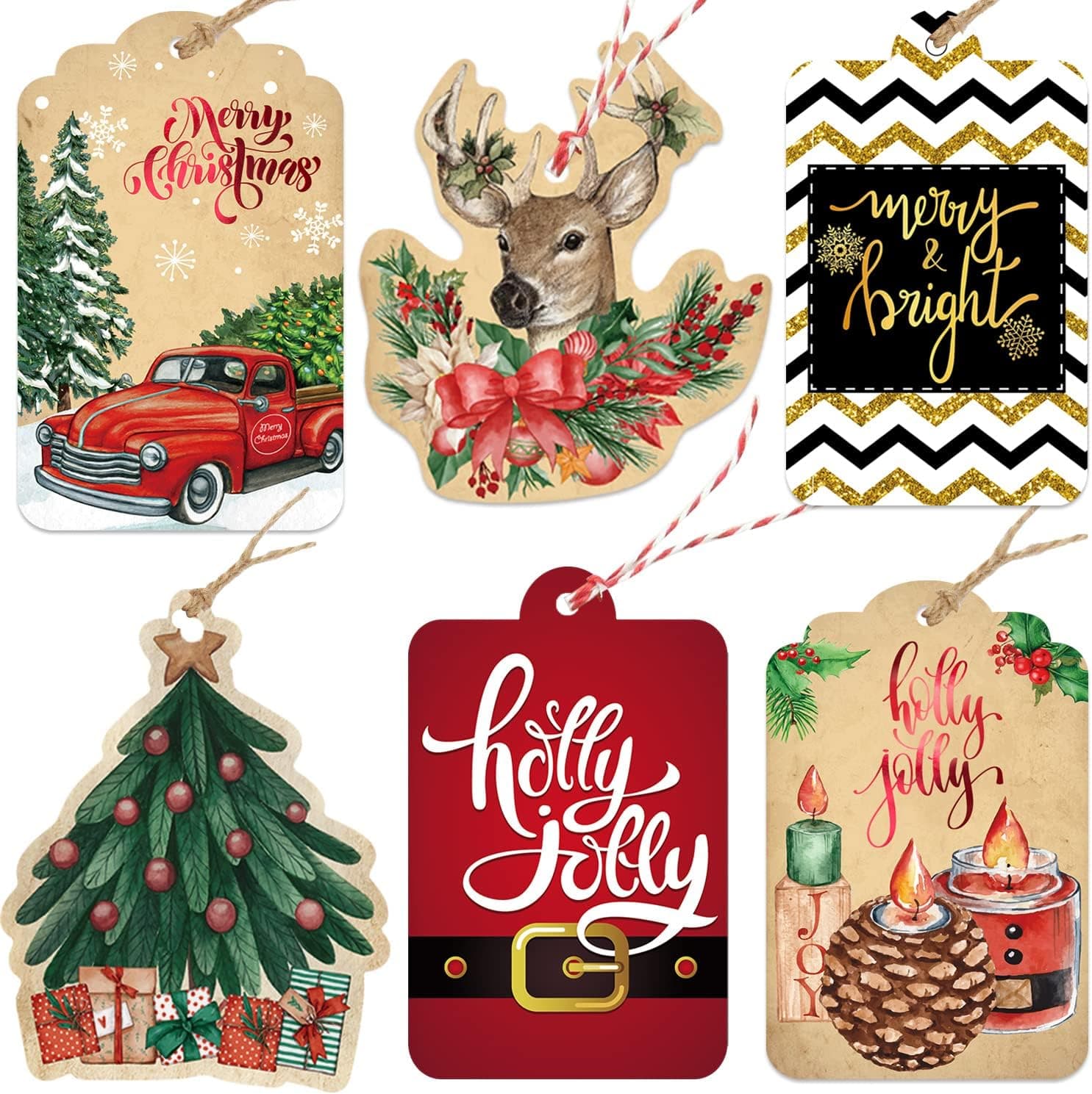 Christmas Gift Name Tags 60 Count with Untied String -15 Assorted Foil, Printed Designs to and from Labels for Xmas Present Wrapping - image 1 of 1