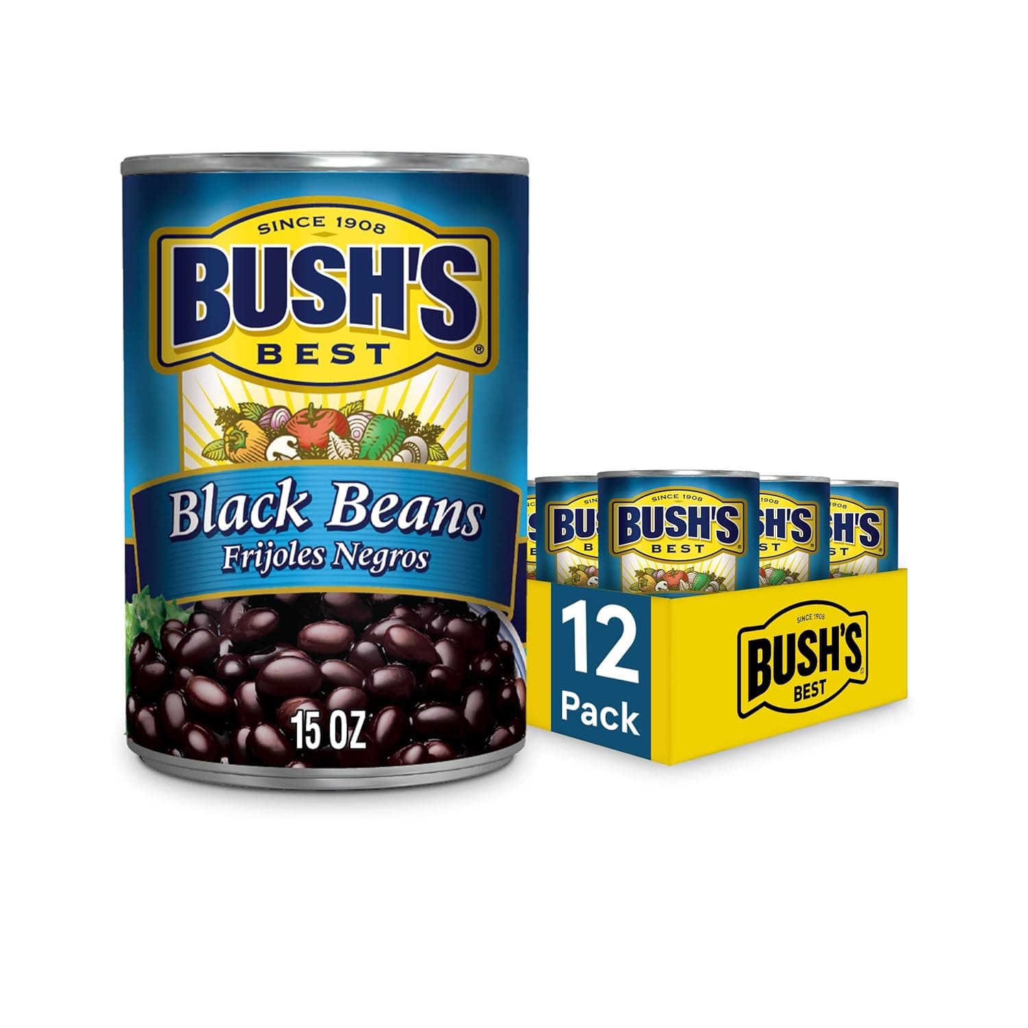 BUSH'S BEST 15 oz Canned Black Beans, Source of Plant Based Protein and Fiber, Low Fat, Gluten Free, (Pack of 12) - image 1 of 1