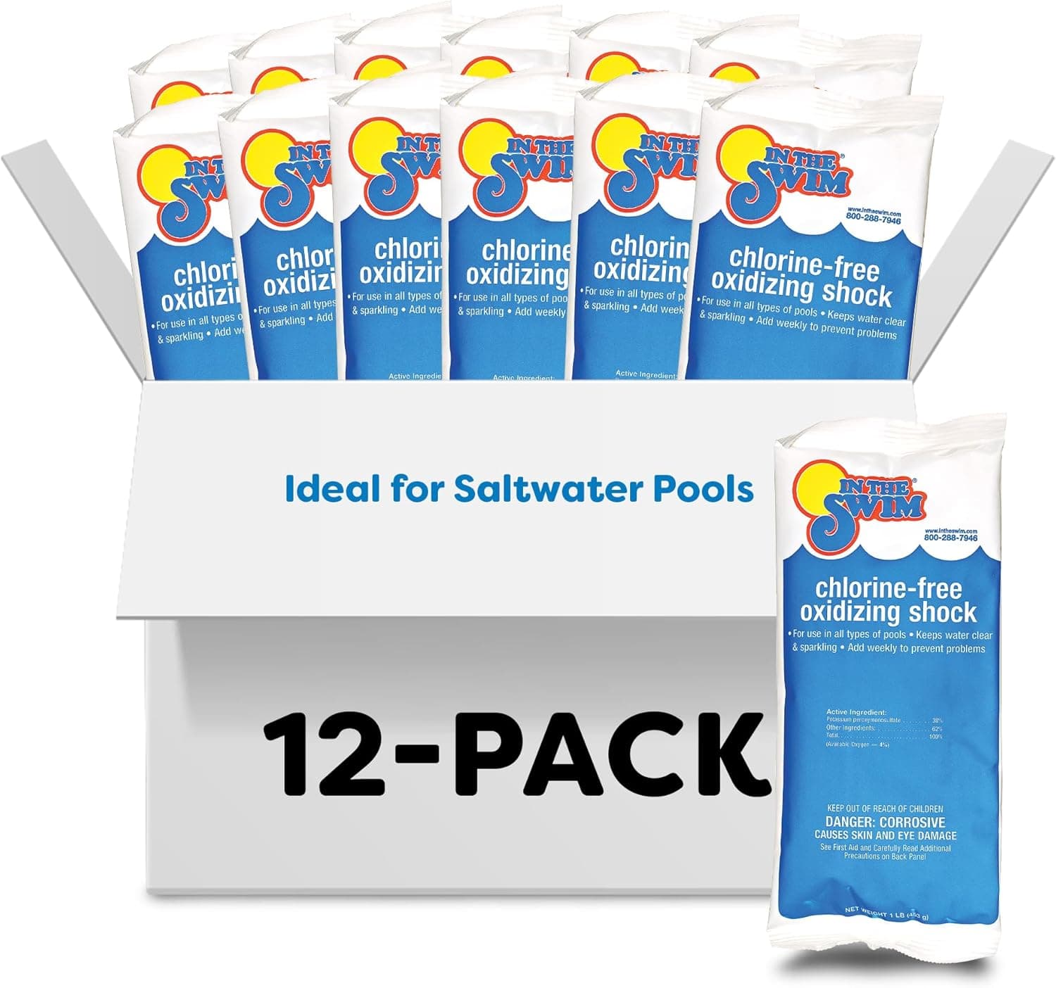 In The Swim Chlorine-Free Pool Shock – Quick Dissolving, Fast-Acting, Shock-Oxidizer for Swimming Pools, Spas, and Salt Chlorinated Pools Compatible - 12 x 1 Pound Bags - image 1 of 1